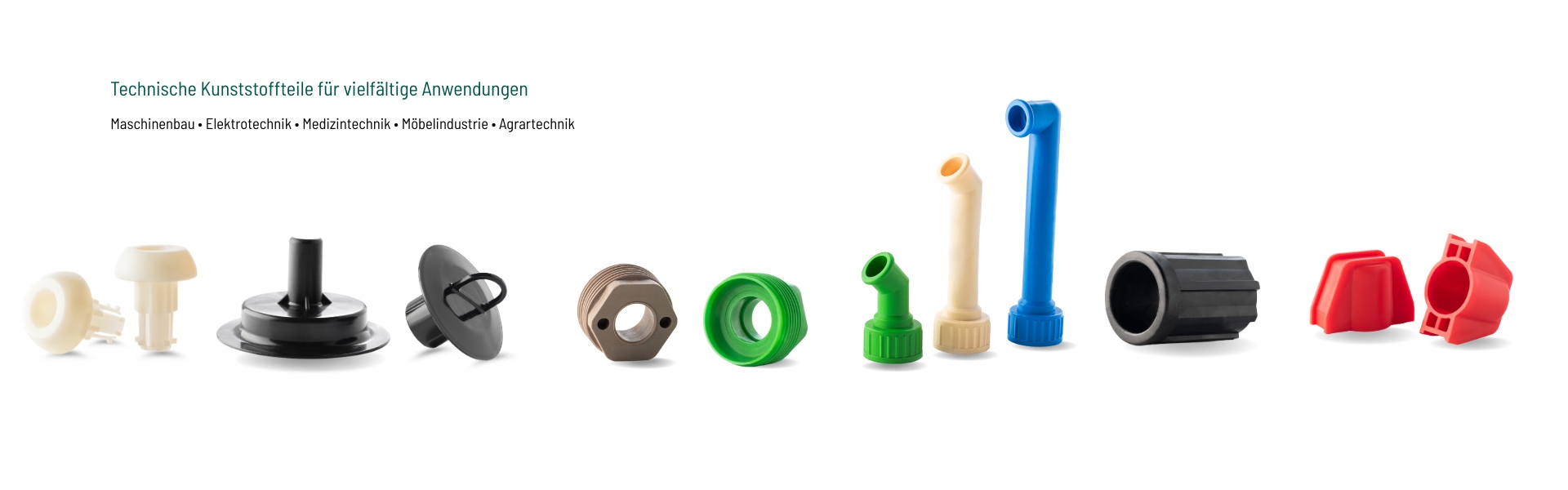 Collage technischer Kunststoffbauteile von hk – symbolisch für Industrie- und Sonderlösungen in Maschinenbau, Elektrotechnik, Möbelindustrie, Agrartechnik und Medizintechnik.